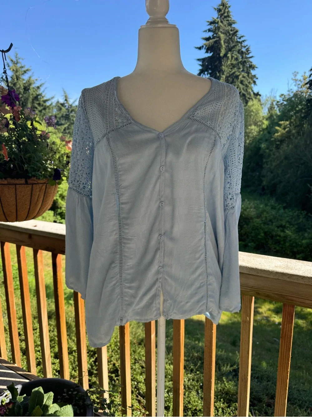 Blue Crochet Bell Sleeve Blouse